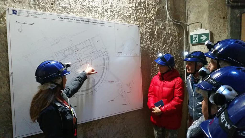 Herculaneum Theatre, photo taken between October 2014 and November 2019.
Preparing for the underground tour – hard hats, torch-lights and warm clothing. Photo courtesy of Giuseppe Ciaramella.


