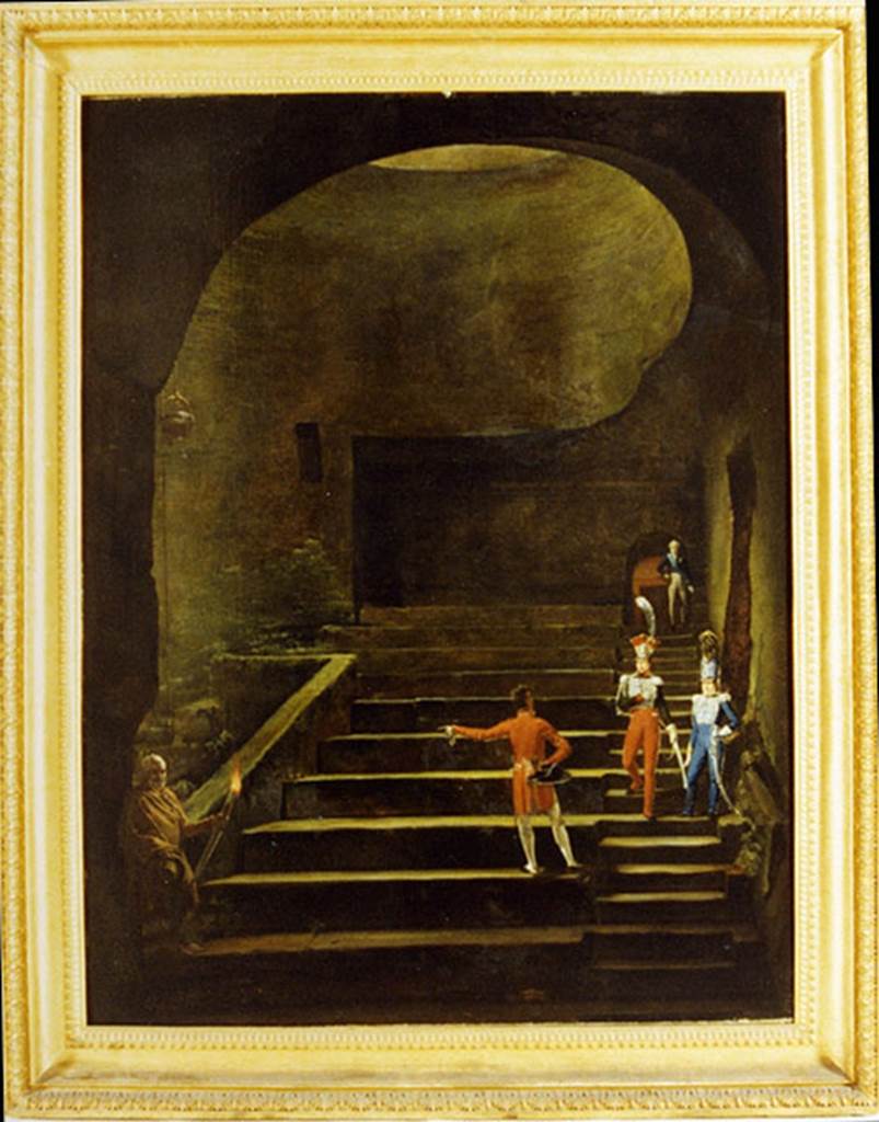 Theatre, Herculaneum. 1815 painting by Louis Nicolas Lemasle “Figli di Murat visitano gli scavi di Ercolano”. 
Photo courtesy of ICCD. Licence CC BY-SA 4.0.
Now in Museo nazionale di Capodimonte. Inventory number OA 4720.