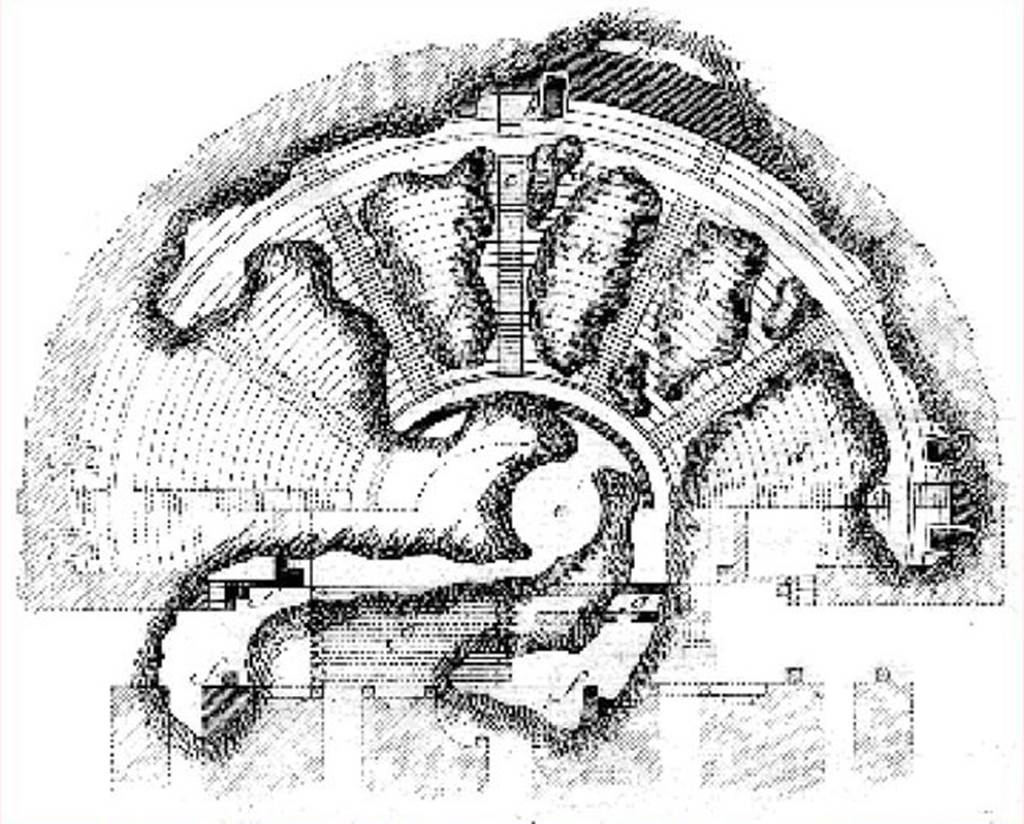 Herculaneum Theatre. 1754 plan by Bellicard showing original well hole in the centre that led to its discovery.