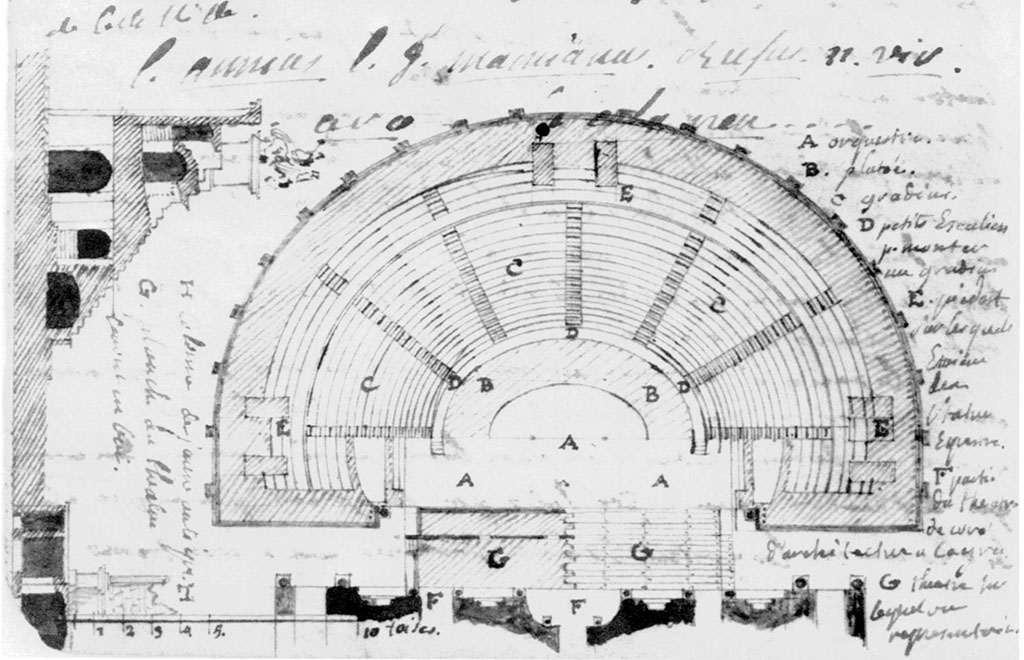Herculaneum Theatre. Sketch plan drawn in 1750-1 by Jerome-Charles Bellicard in his notebook, p.3. 
Now in the Metropolitan Museum of Art, New York, USA. 
See Metropolitan Museum Journal 25.

