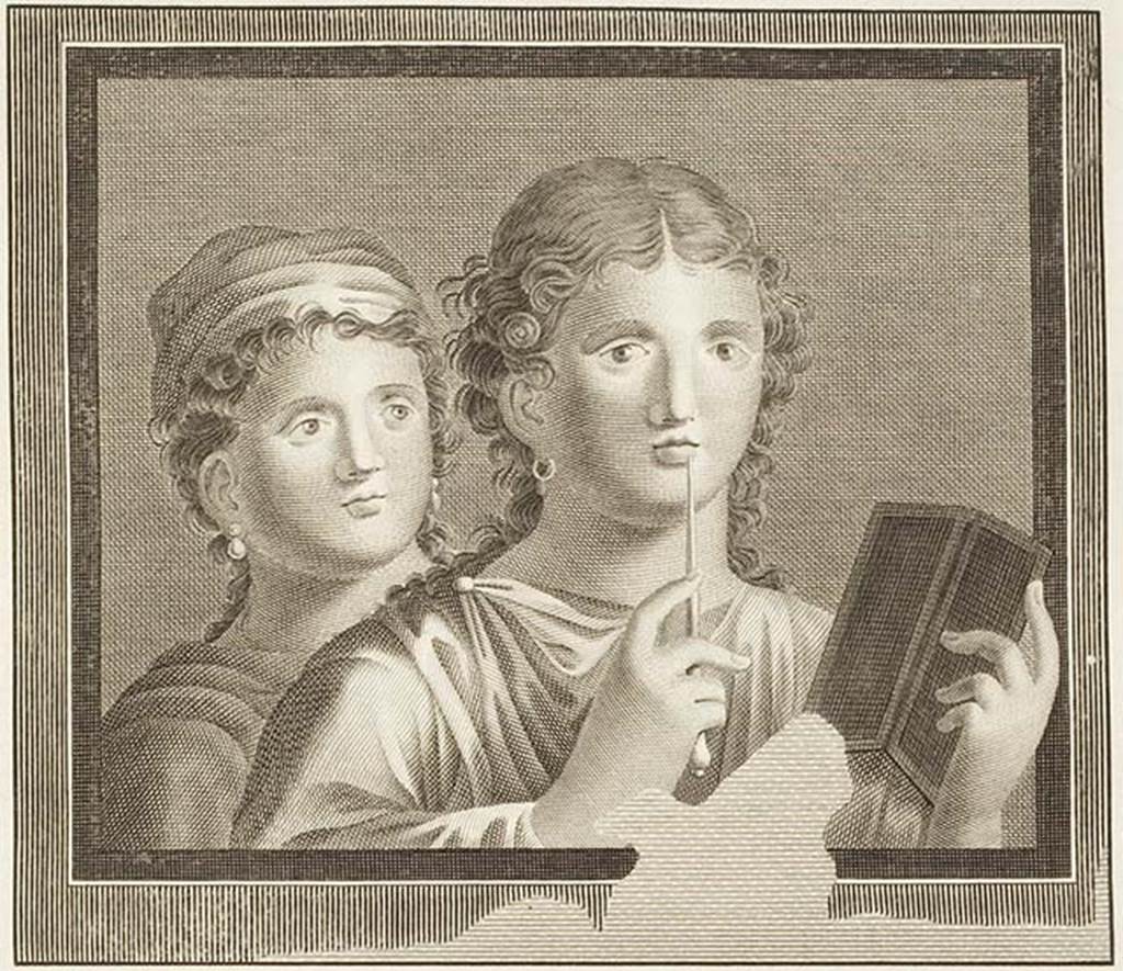 Herculaneum Theatre. Found 16th February 1740. Painting of two women with a writing tablet.
See Le Antichità di Ercolano esposte Tomo 3, Le Pitture Antiche di Ercolano 3, 1762, Tav 46, 239. No date.
Found in the Scavi di Portici.
