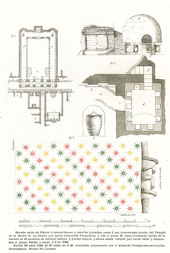 Tav. VIII, fig.2, drawing of Columbarium by Ruggiero, 1885.
(Note this is shown a different way round from the drawings below by Bellicard and Barker.)
Fig. 1 shows the Augusteum.
Fig. 3 shows the ceiling at Ins. Or. II.4/19.
See Ruggiero, M. (1885). Storia degli scavi di Ercolano ricomposta su’ documenti superstiti. Tav VIII.
