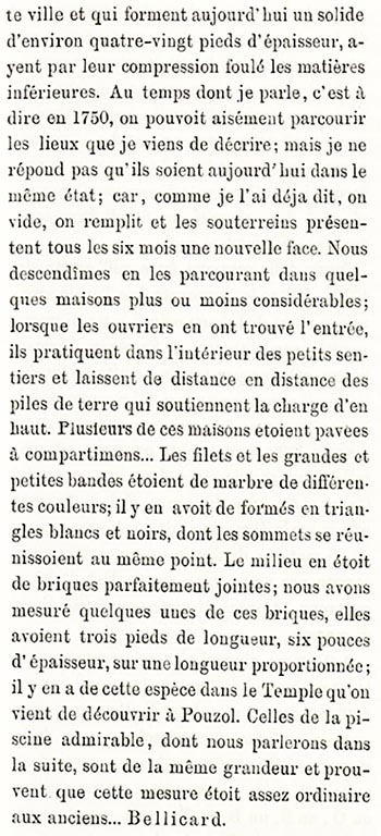 Des Tombeaux trouvés à Herculanum. 
1750 description in French by Bellicard published by Ruggiero.
See Ruggiero, M. (1885). Storia degli scavi di Ercolano ricomposta su’ documenti superstiti, (p.527).
