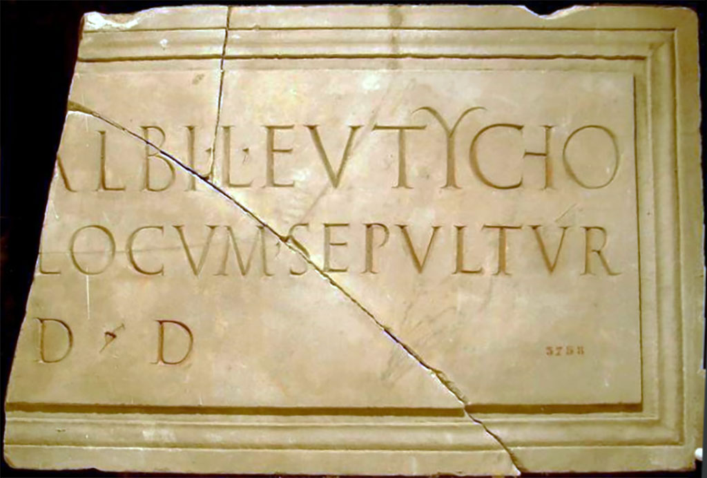 Herculaneum funerary plaque to Marcus Nonius Eutychus Marcianus, freedman of Balbus, found 2nd of February 1748. 
Exact find location unknown.
According to the Epigraphic Database Roma this reads
[M(arco) Nonio B]albi l(iberto) Eutyĉho
[Marciano] locum sepultúr(ae)
d(ecreto) d(ecurionum).      [CIL X, 1471]

Now in Naples Archaeological Museum. Inventory number 3758.

According to Cooley this is a freedman honoured:
To Marcus Nonius Eutychus Marcianus, freedman of Balbus, a place of burial by decree of the town councillors. [CIL X 1471]
See Cooley, A. and M.G.L., 2014. Pompeii and Herculaneum: A Sourcebook. London: Routledge, p. 190, F103.

