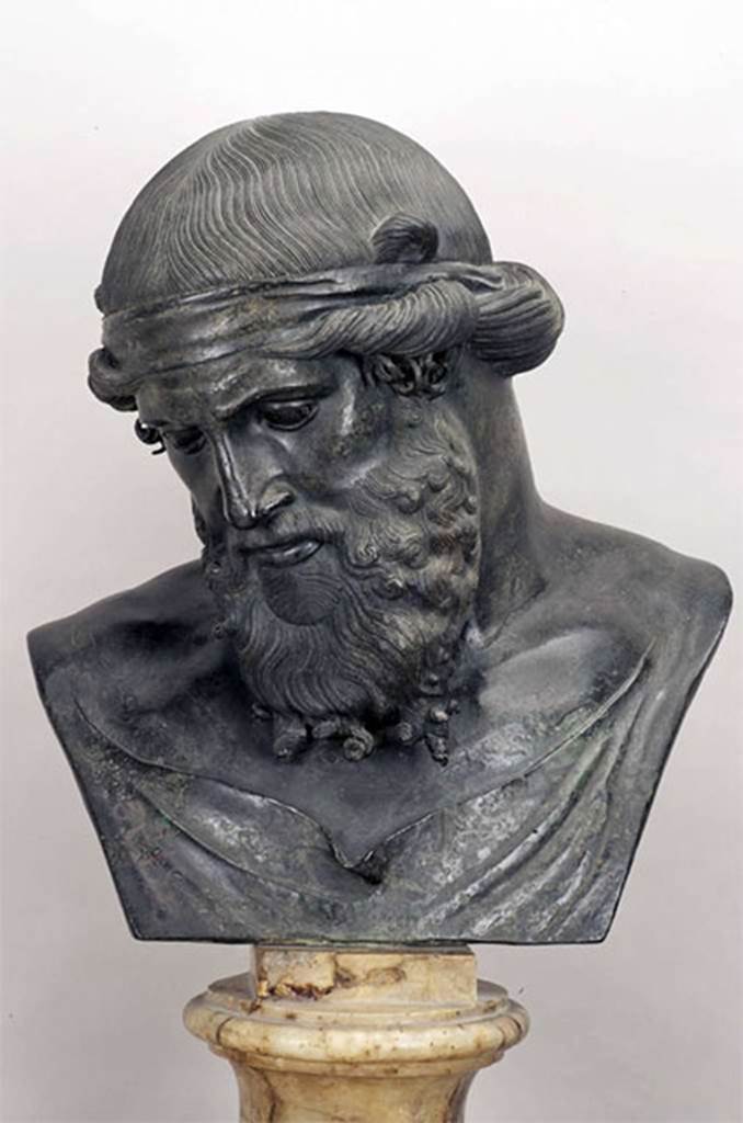 Villa dei Papiri, Herculaneum. Bronze bust of Dionysus previously identified as Plato. Found in 1759, in room where a few papyri were found.
Now in Naples Archaeological Museum. Inventory number 5618.
