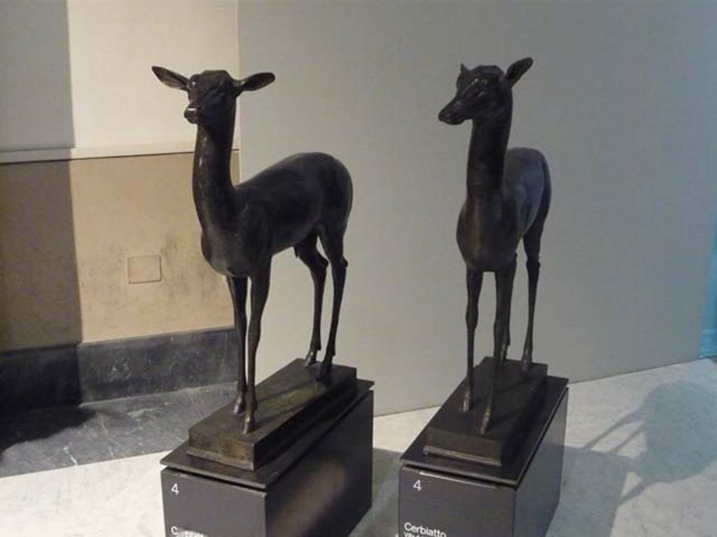 Villa dei Papiri, Herculaneum. Bronze statues of gazelles. Found in 1756, between the east portico and the pond.
Now in Naples Archaeological Museum. Inventory numbers 4886 and 4888.
Photo courtesy of Buzz Ferebee.
