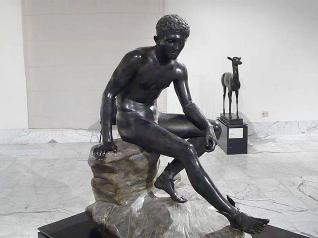Villa dei Papiri, Herculaneum. Bronze statue of Mercury in Repose. Found in 1758, near the west curve of pond.
Now in Naples Archaeological Museum. Inventory number 5625.
Photo courtesy of Buzz Ferebee.
