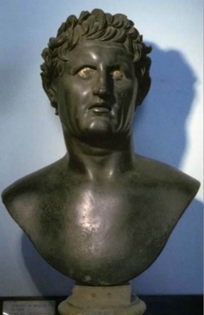 Villa dei Papiri, Herculaneum. Bronze statue of Seleucus I Nicator or Ptolemy I. 
Found in 1755, north west corner of garden.
Now in Naples Archaeological Museum. Inventory number 5590.
