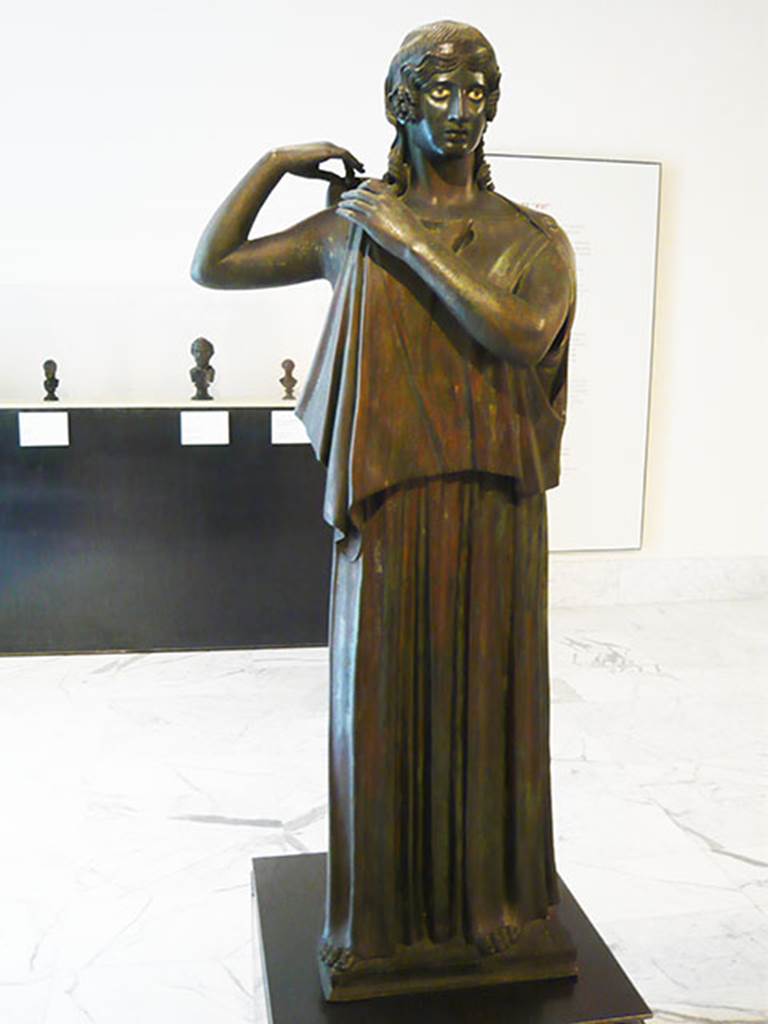 Villa dei Papiri, Herculaneum. Bronze statue of dancer.
Found in 1745, along south portico on right side.
Now in Naples Archaeological Museum. Inventory number 5619.
Photo courtesy of Buzz Ferebee.
