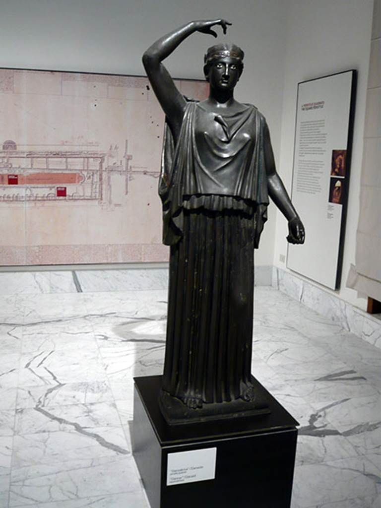 Villa dei Papiri, Herculaneum. Bronze statue of dancer.
Found in 1745, along south portico on right side.
Now in Naples Archaeological Museum. Inventory number 5620.
Photo courtesy of Buzz Ferebee.
