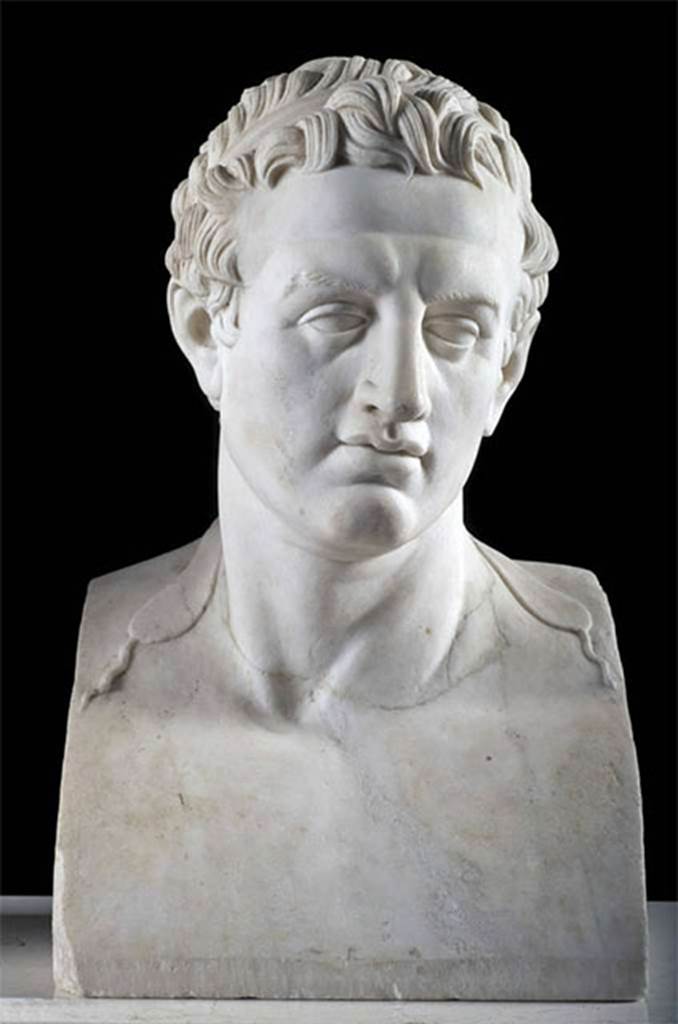 Villa dei Papiri, Herculaneum. Marble bust of Ptolemy II Philadelphus.
Found in 1757, south side between the portico and the pond.
Now in Naples Archaeological Museum. Inventory number 6158.
