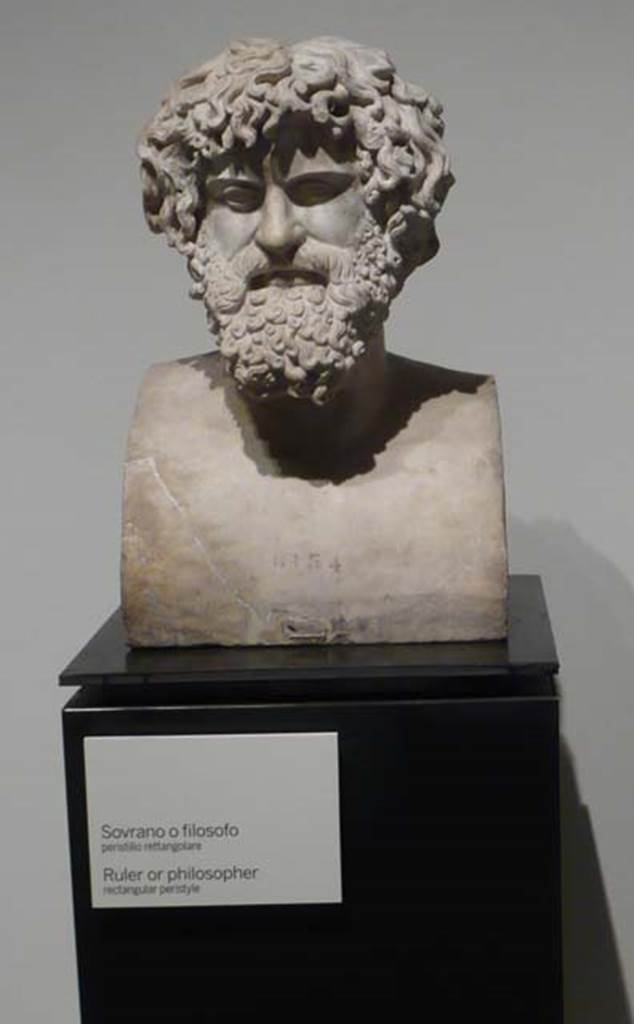 Villa dei Papiri, Herculaneum. Marble herm of a ruler or Cynical philosopher.
Found in 1757, north side of the pond.
Now in Naples Archaeological Museum. Inventory number 6154.
Photo courtesy of Buzz Ferebee.

