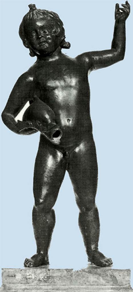Villa dei Papiri, Herculaneum. Bronze statuette of a putto.
Found in 1751, at south west corner.
Now in Naples Archaeological Museum. Inventory number 5021.
