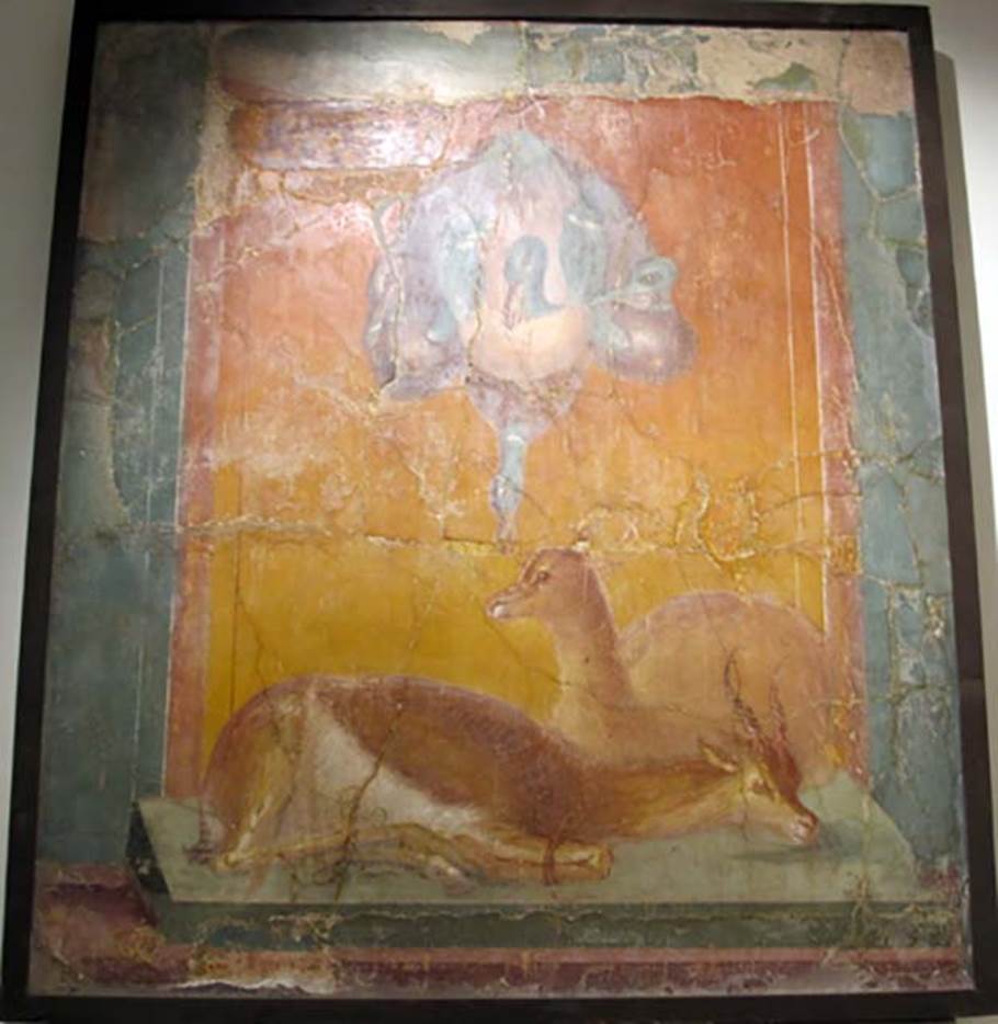 Villa dei Papiri, Herculaneum. Found 16th June 1764. Atrium (c). Fresco of several ducks hanging and two roe deer sitting.
Now in Naples Archaeological Museum. Inventory number 8759. 
In the upper part of the wall are four suspended ducks, with tied legs, three of which are still live, with their heads raised, the fourth, now dead, with a dangling head. On a green shelf are depicted two roe deer, legs tied with a red string.
See Esposito D., 2010. Le pitture della Villa dei Papiri ad Ercolano in La Villa Romaine de Boscoreale et ses Fresques. édicions errance: Musée royal de Mariemont. p. 212, fig. 2.
