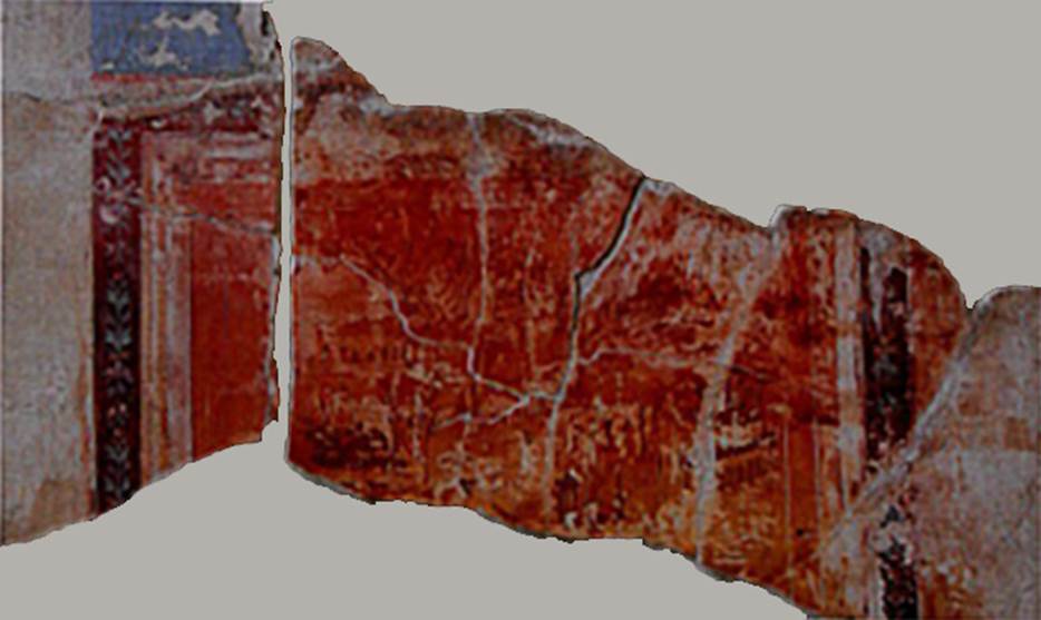 Villa dei Papiri, Herculaneum. East wall of ala (d). Two fragments of fresco.
Now in Naples Archaeological Museum. Inventory number s. n.
According to Esposito, the observation of the remains still in situ in the two alae and of the fragments detached during the excavation of the end of the last century from the ala (d) confirm the provenance in these rooms, most likely from the east wall of the ala (d), of the two fragments with monochromatic landscapes preserved at the Naples Museum. 
See Esposito D., 2010. Le pitture della Villa dei Papiri ad Ercolano in La Villa Romaine de Boscoreale et ses Fresques. édicions errance: Musée royal de Mariemont. p. 215, fig. 7.
