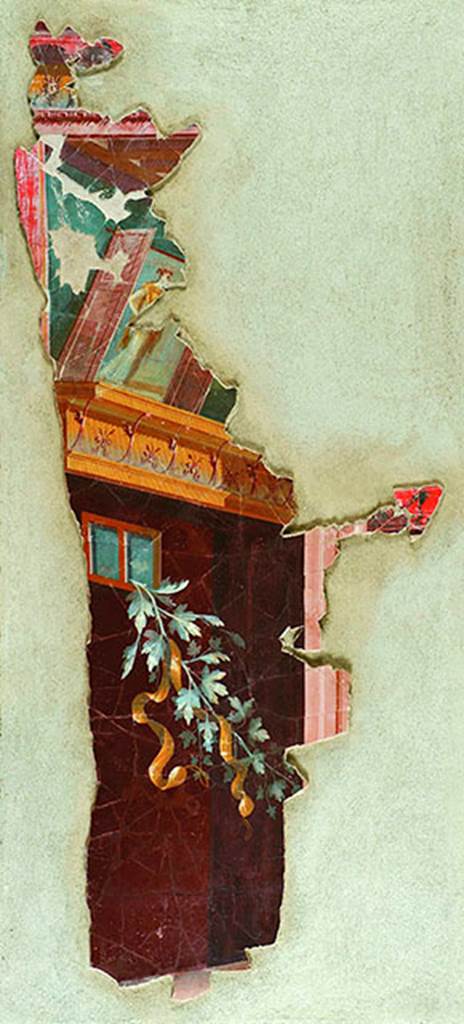 Villa dei Papiri, Herculaneum. Oecus (g). South wall, east part. 
Fresco fragment of a panel with branch entering from a window.
A red-brown wall has a small window facing an open space, of which only the blue of the sky can be recognized. 
From the grating of the window hangs a branch of vine on which is hung a yellow ribbon. 
The wall is completed at the top by a golden shelf largely occupied by a pinax with doors, seen in perspective.
The two open doors, allow a glimpse of a female figure standing, with a grey-blue dress, covered with a yellow coat. 
Above this is a coffered ceiling in perspective, which suggests the presence of another room.
See Esposito D., 2010. Le pitture della Villa dei Papiri ad Ercolano in La Villa Romaine de Boscoreale et ses Fresques. édicions errance: Musée royal de Mariemont. p. 217, fig. 11.
