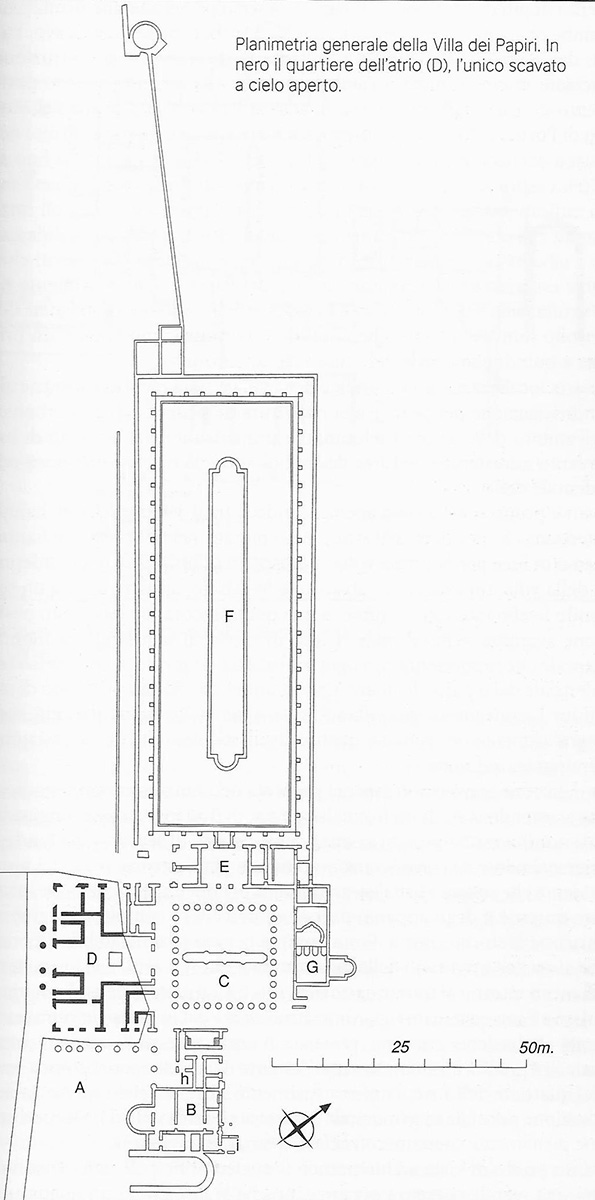 Ercolano Villa dei Papiri or Herculaneum Villa of the Papyri. Plan of villa showing the only area in the open air (D) and the other uncovered areas explored by tunnels.