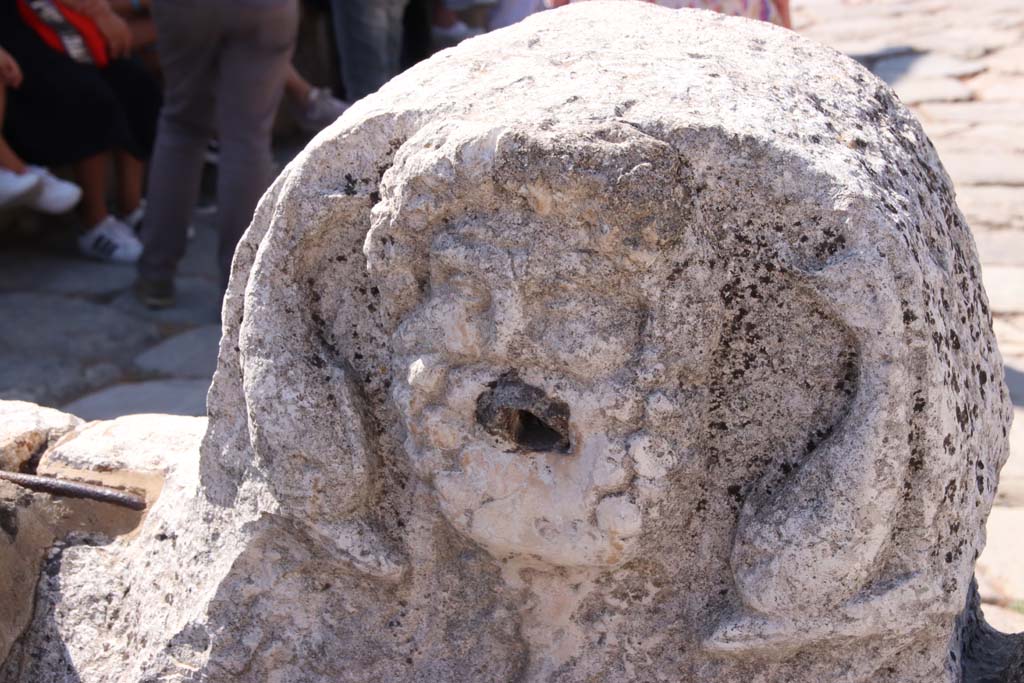 Cardo V Inferiore, Herculaneum. September 2019.
Mask of Neptune on fountain on corner of Ins. IV, at junction of Decumanus Inferiore and Cardo V Inferiore, Herculaneum. 
Looking south. Photo courtesy of Klaus Heese.
