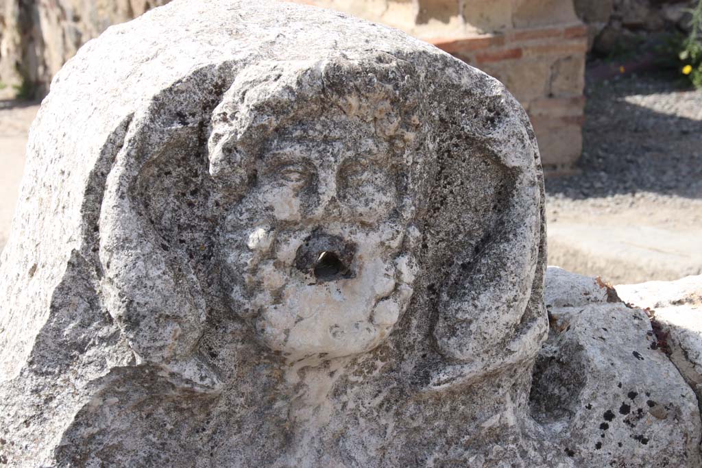 Cardo V, Herculaneum, September 2017. Detail of mask of Neptune, from street fountain near IV.15/16. 
Photo courtesy of Klaus Heese.
