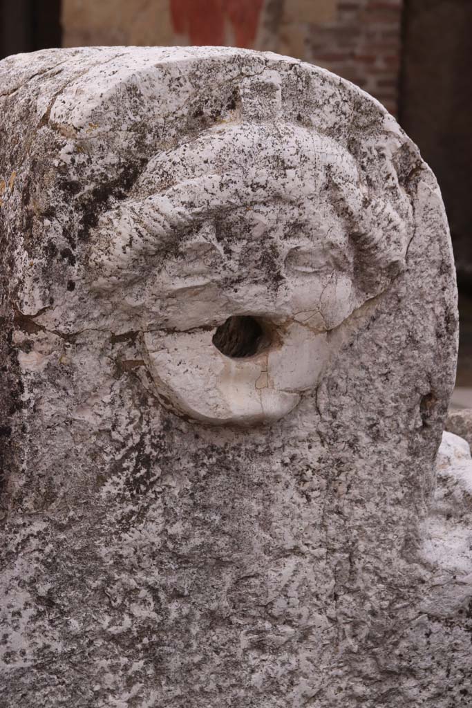 Fountain of Venus, Decumanus Maximus, Herculaneum. October 2020. 
Detail of face from east end of fountain. Photo courtesy of Klaus Heese.
