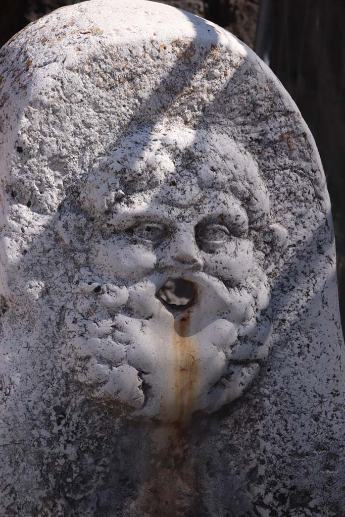 Decumanus Maximus, Herculaneum, September 2019. 
Fountain decorated with head of Hercules, at east end of the Decumanus Maximus.
Photo courtesy of Klaus Heese.
