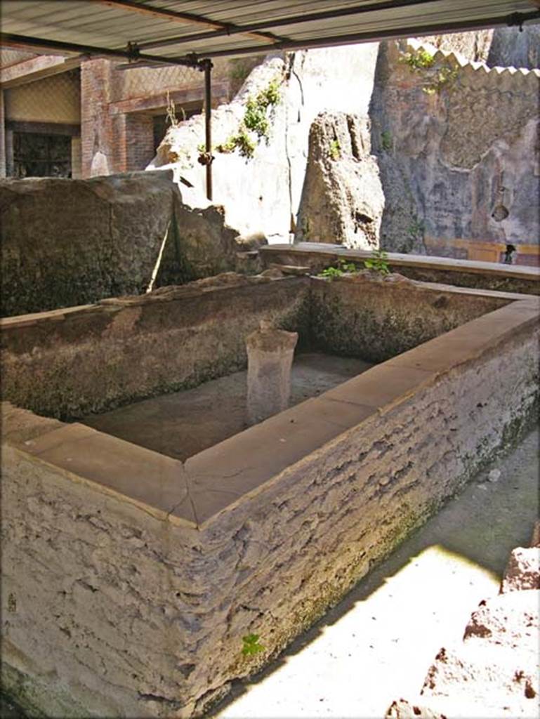 House of Dionysiac Reliefs, Herculaneum. July 2004. Looking north-west across rectangular basin of pool in room (p). 
Photo courtesy of Jennifer Stephens.©jfsPAP0686
